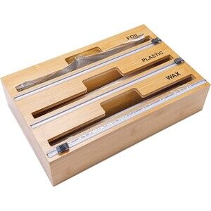 Bamboo Reusable 3in1 Wrap Dispenser w/Cutter & Labels, Aluminum Foil, Wax Paper